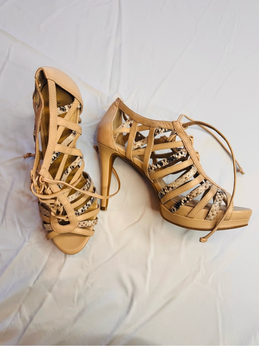 Antonio Melani Leather Lace Up Open Toe Sandal High Heel Shoes Animal Print 8